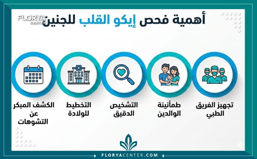 إنفوجرافيك يوضح أهمية وفوائد تشخيص تشوهات القلب للجنين قبل الولادة لتجهيز الطاقم الطبي.