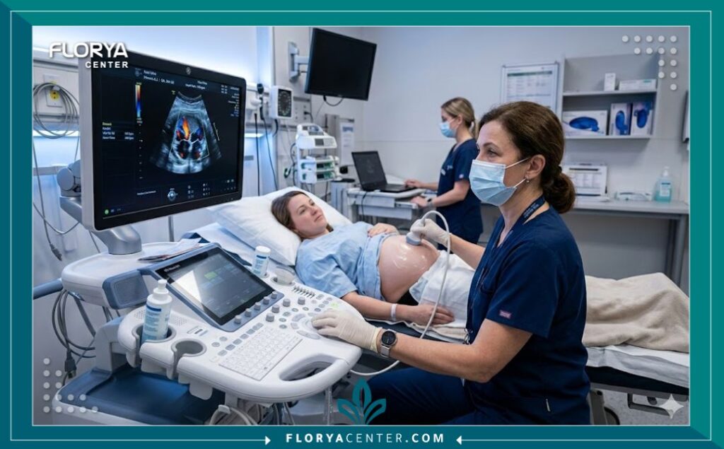 غرفة فحص متطورة في مستشفى لإجراء أشعة إيكو متخصصة لتشخيص أمراض القلب الخلقية للجنين.