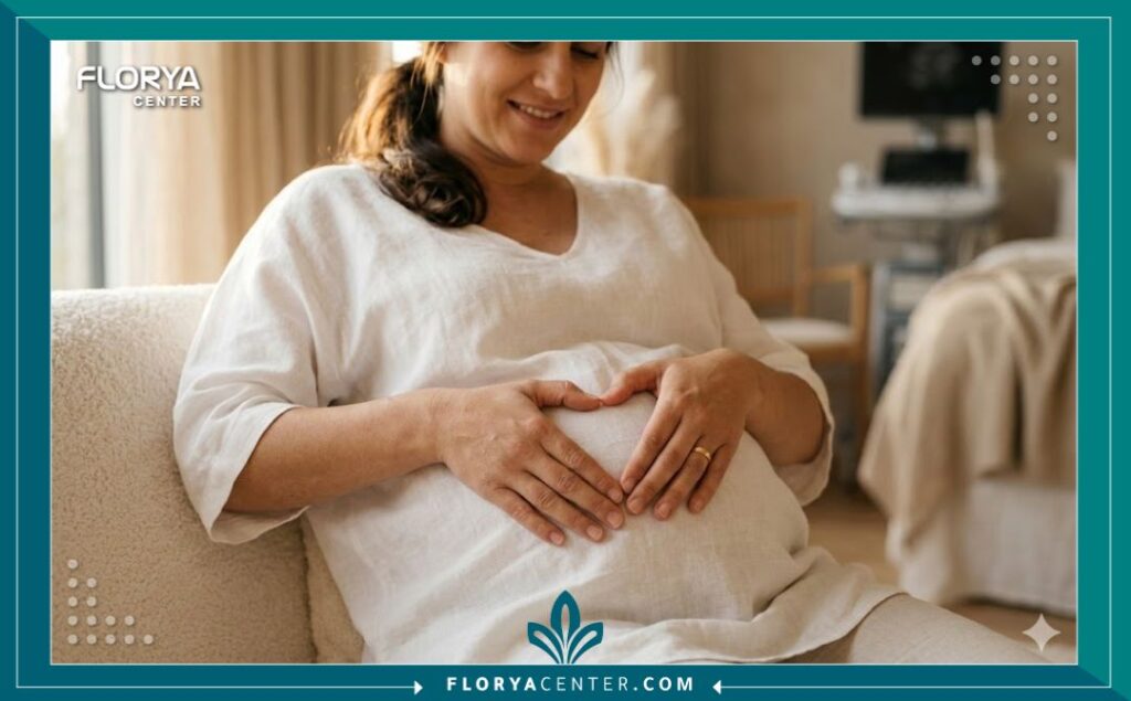 أم تضع يديها على شكل قلب على بطنها كرمز للأمل والاهتمام بتشخيص صحة قلب الجنين.