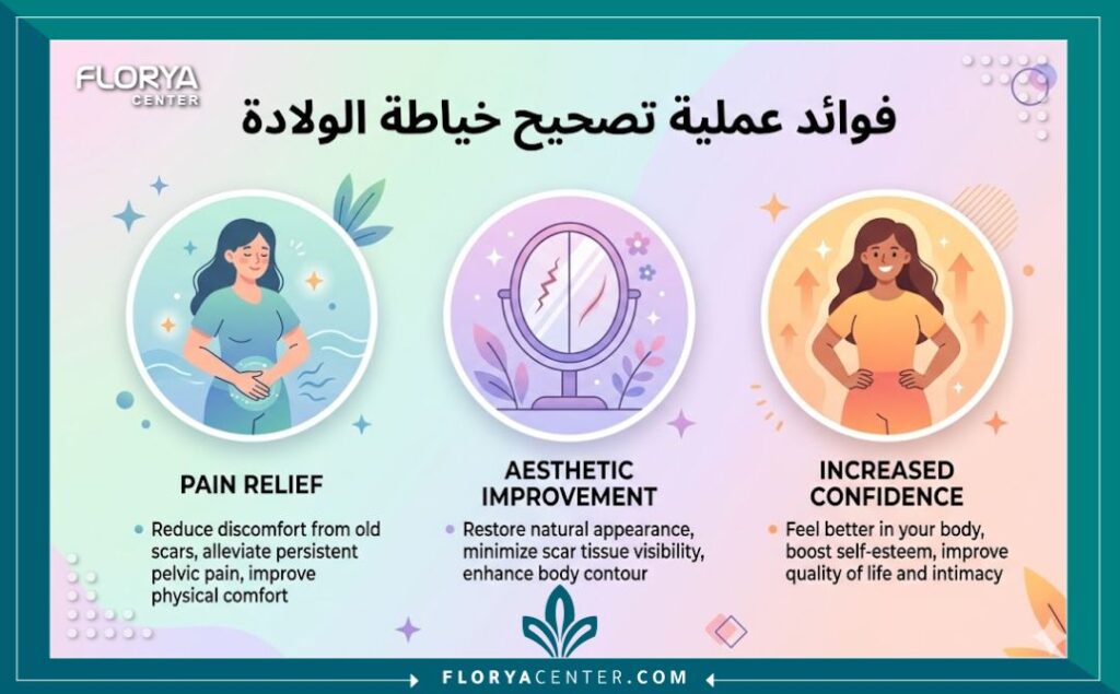 إنفوجرافيك يستعرض فوائد تصحيح خياطة الولادة في تركيا من الناحية الوظيفية والجمالية.