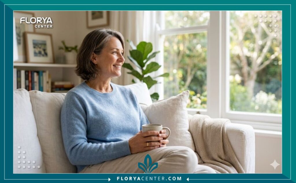 سيدة تشعر بالراحة والثقة بعد التعافي من عملية تصحيح خياطة الولادة المتعثرة.