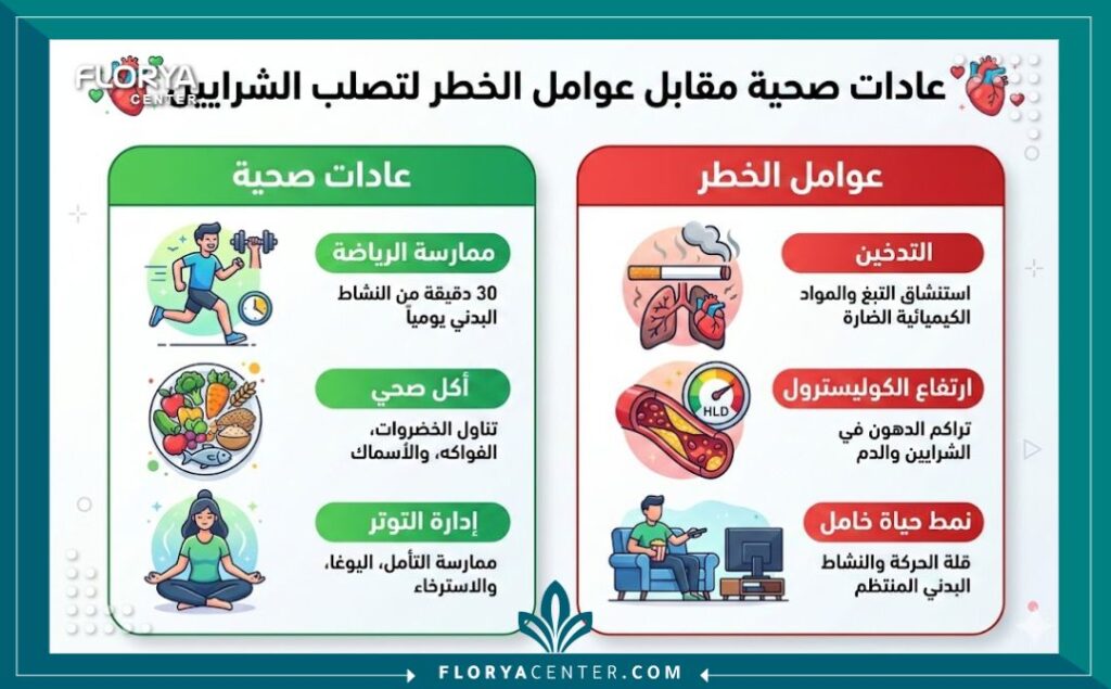 إنفوجرافيك طبي يقارن العادات الصحية وعوامل الخطر الرئيسية لتصلب الشرايين باللغة العربية.