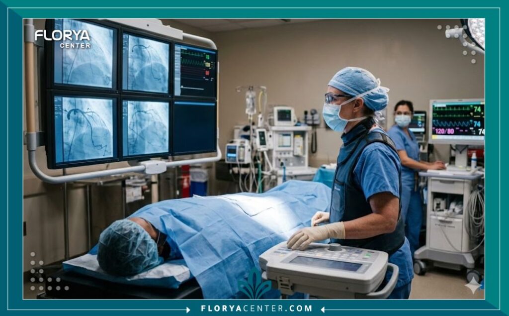 لقطة واقعية من داخل غرفة عمليات قسطرة القلب الحديثة تظهر طبيباً يجري عملية توسيع الشرايين (رأب الوعاء).