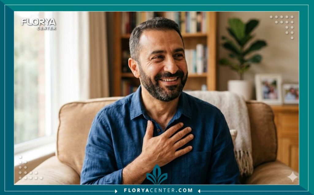 صورة مقربة واقعية لرجل مبتسم في الخمسينيات من عمره يشير إلى قلبه، ترمز إلى الصحة والحيوية بعد علاج تصلب الشرايين.