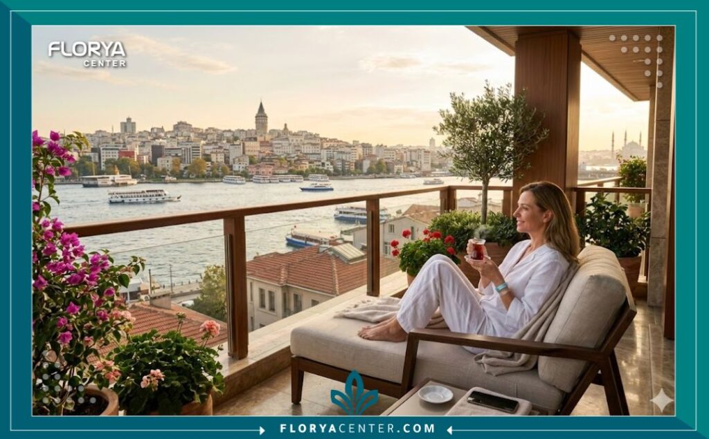 لقطة هادئة ومريحة من شرفة في إسطنبول تطل على البوسفور، تمثل تجربة السياحة العلاجية في تركيا لمرضى القلب.