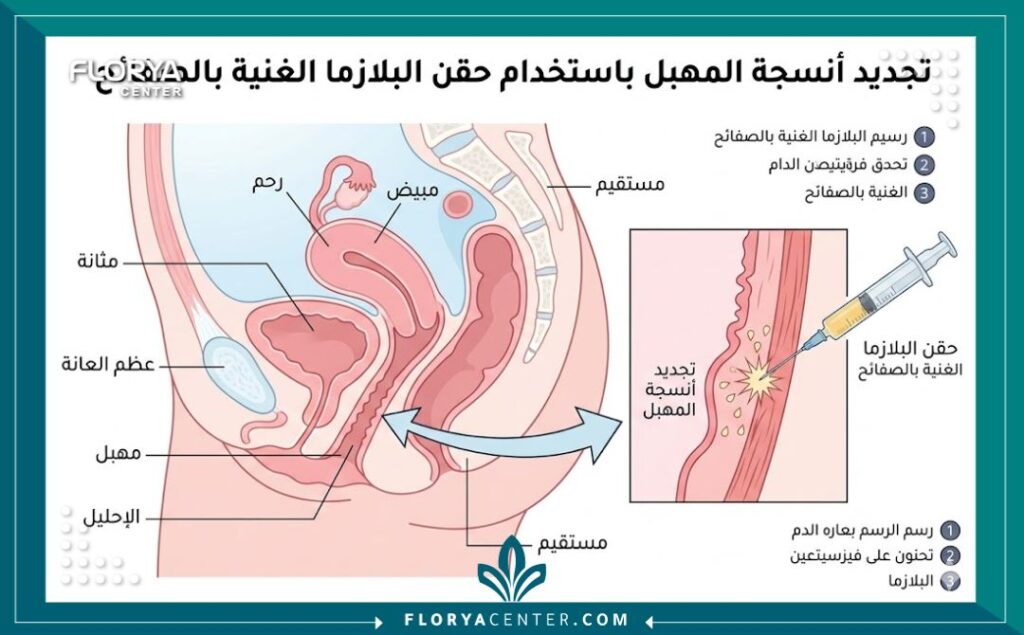 رسم توضيحي يوضح كيفية عمل حقن البلازما (PRP) في تضييق وتجديد أنسجة المهبل.