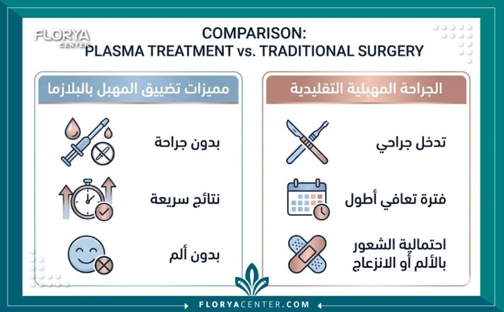 إنفوجرافيك يقارن بين مميزات تضييق المهبل بالبلازما والجراحة التقليدية في تركيا.