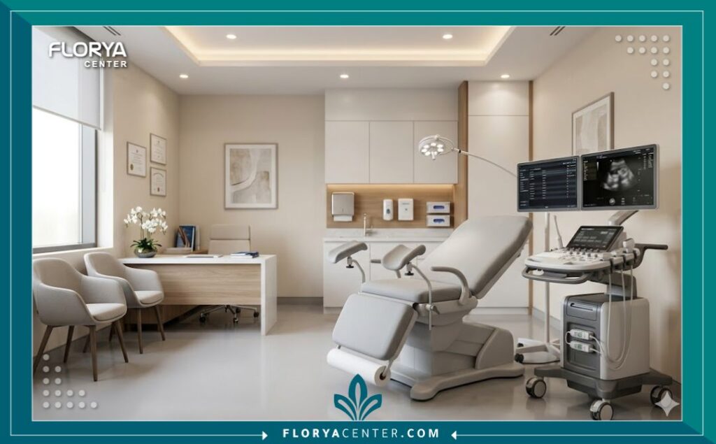 غرفة كشف مجهزة بأحدث تقنيات تجميل النساء في مركز طبي متخصص.