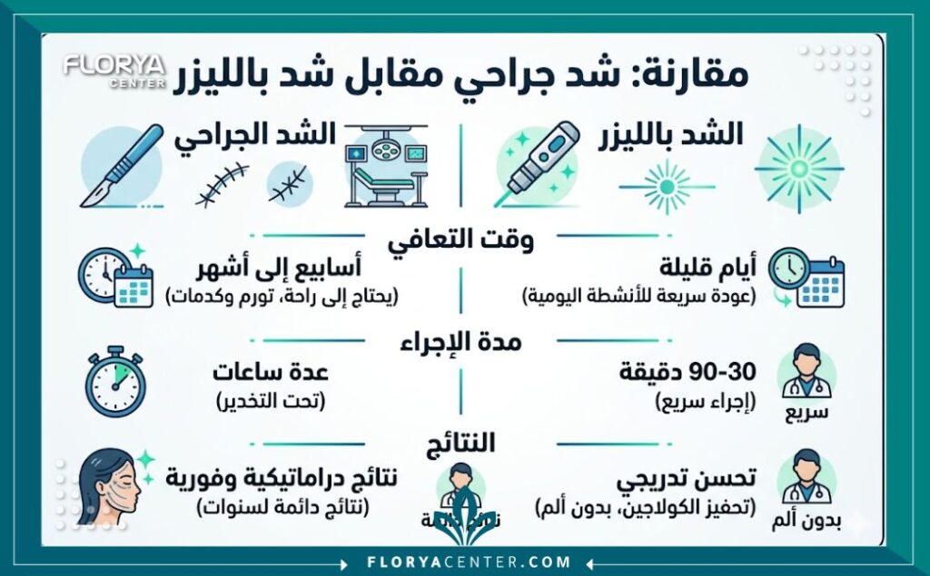 إنفوجرافيك مقارنة بين تضييق المهبل بعد الولادة في تركيا جراحياً وبالليزر.