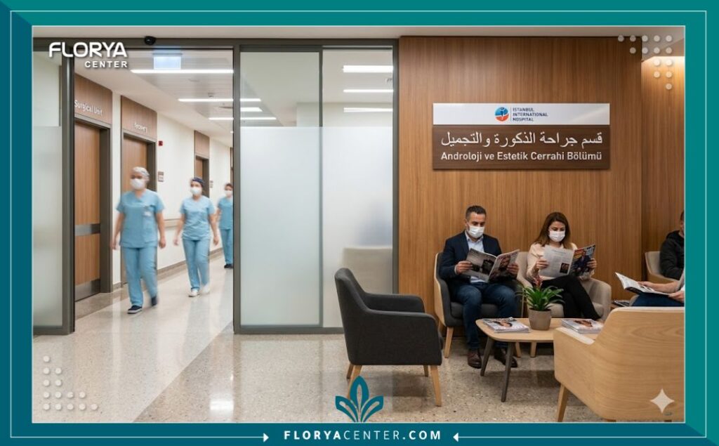 لقطة واقعية داخل مستشفى تركي حديث وراقي (إسطنبول)، تُظهر منطقة انتظار المرضى والبيئة الطبية المعقمة لجراحات التجميل.
