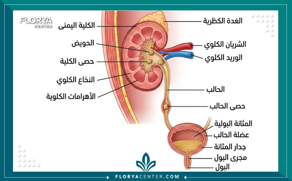 مخطط توضيحي لمواقع حصى الكلى والحالب في الجهاز البولي.