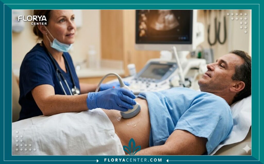 إجراء الفحص بالموجات فوق الصوتية لتحديد موقع الحصى قبل عملية التفتيت في تركيا.