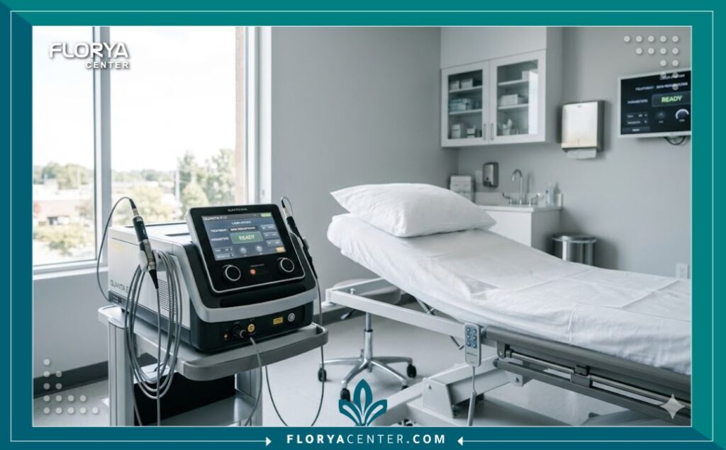 غرفة مجهزة بأحدث أجهزة ليزر التجميل لتفتيح البشرة في مستشفى تخصصي.