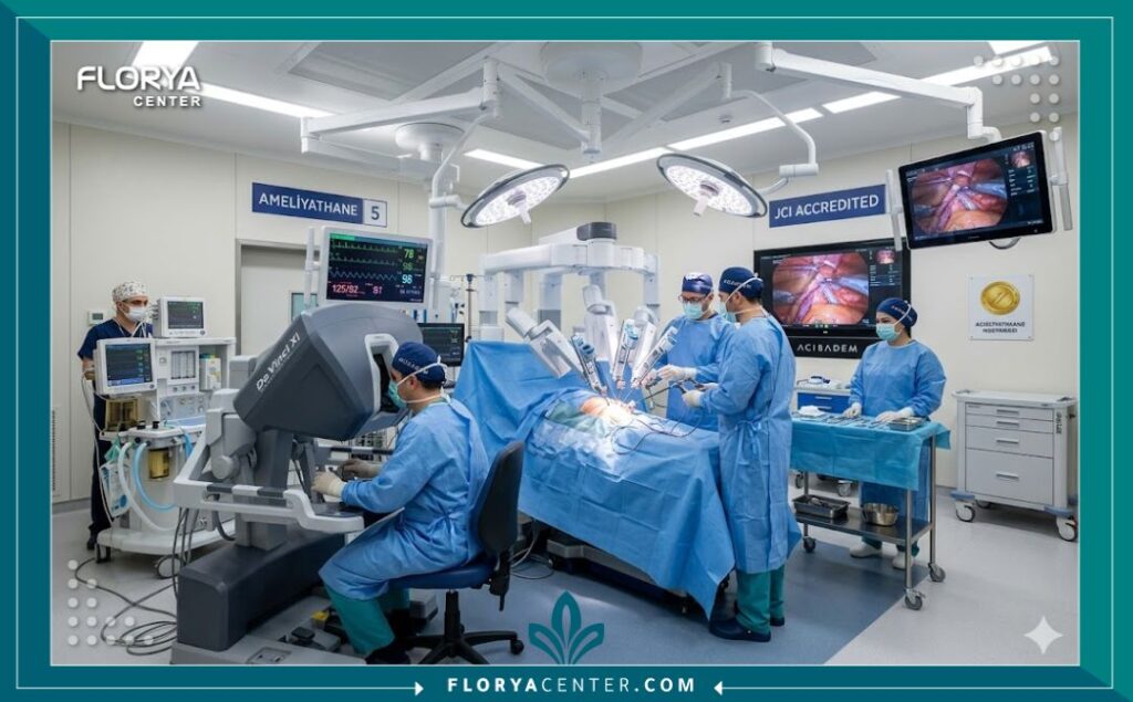 غرفة عمليات حديثة ومجهزة بأحدث التقنيات الروبوتية في مستشفى تركي، تعكس قيمة تكاليف العلاج.