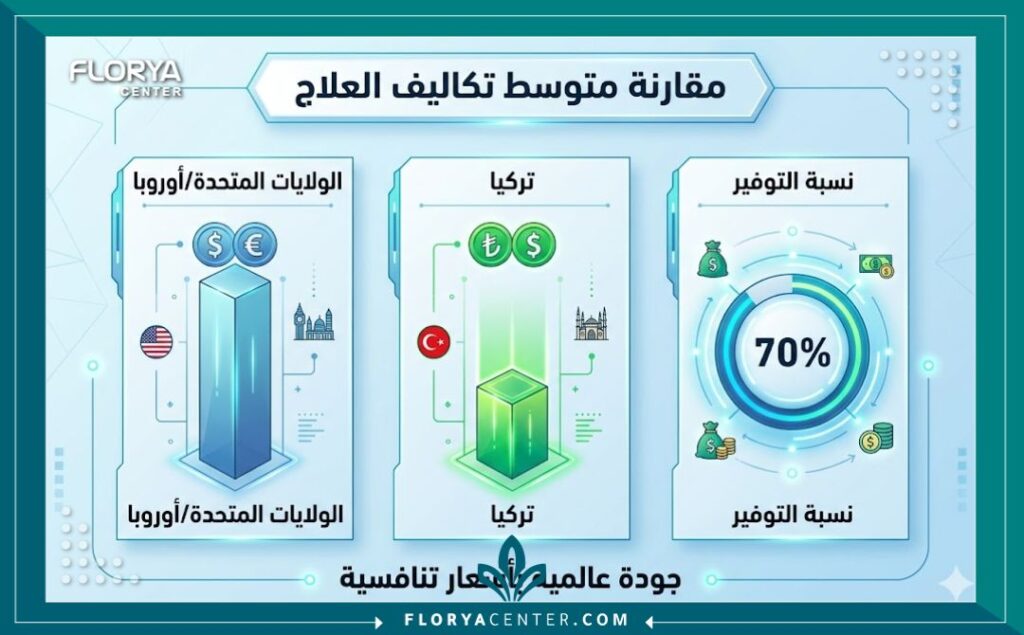 إنفوجرافيك يوضح مقارنة تكاليف العلاج بين تركيا والدول الغربية، يظهر التوفير الكبير.