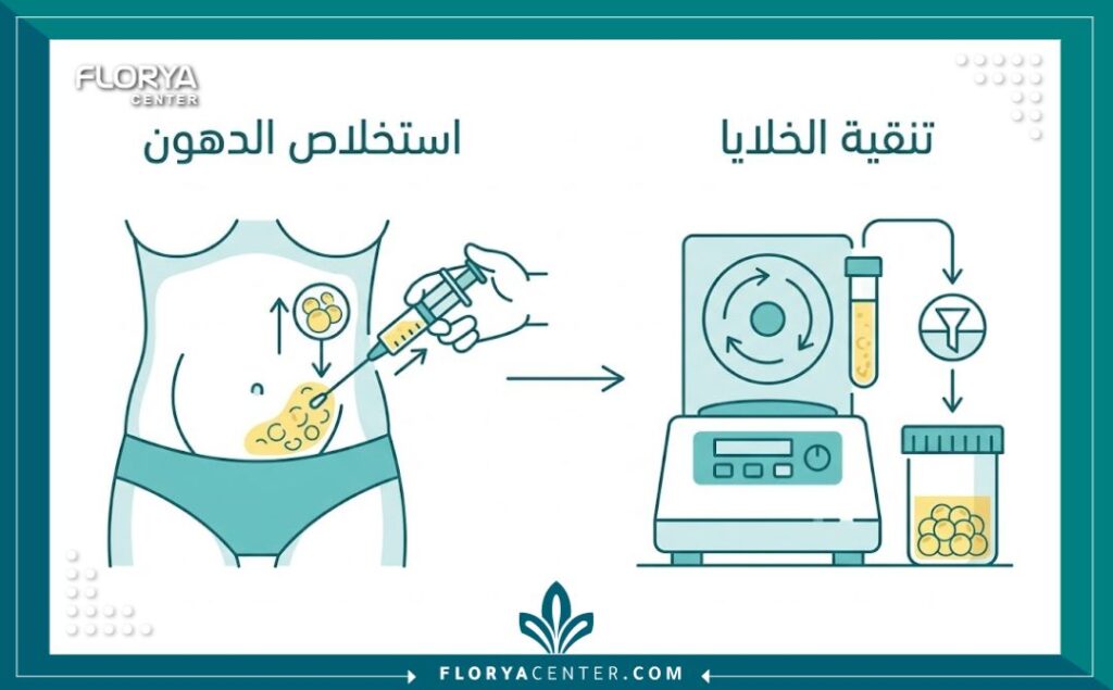 تكبير الذكر بالدهون الذاتية في تركيا 2 مخطط طبي يوضح مراحل استخلاص وتنقية الدهون الذاتية لغرض تكبير العضو الذكري.