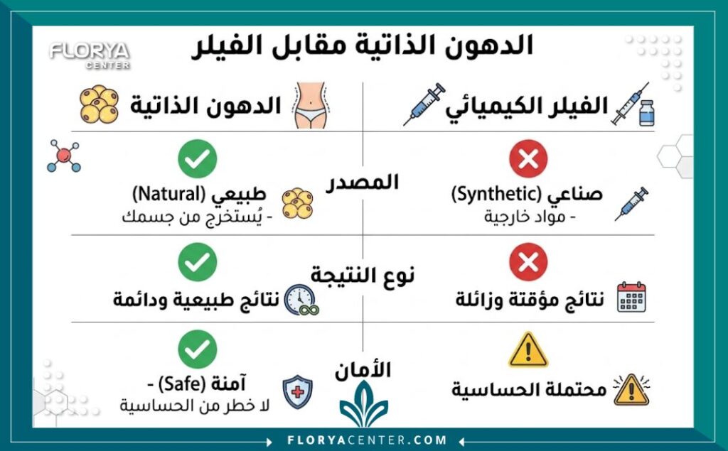 تكبير الذكر بالدهون الذاتية في تركيا 3 إنفوجرافيك مقارنة بين تكبير الذكر بالدهون الذاتية في تركيا وحقن الفيلر من حيث الأمان والنتائج.