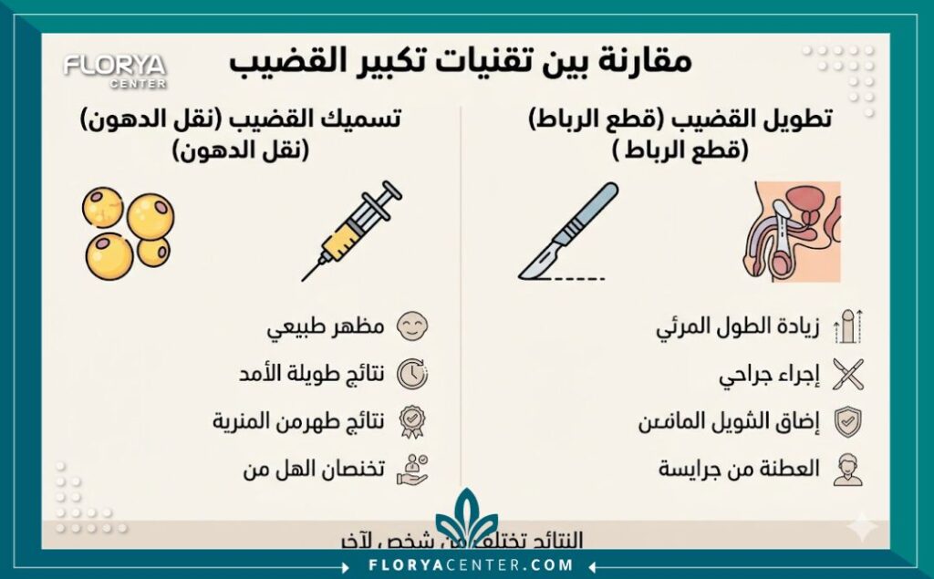 انفوجرافيك يقارن بين تقنيات تكبير القضيب: زيادة السمك بنقل الدهون وزيادة الطول بالجراحة، مع توضيح المزايا.