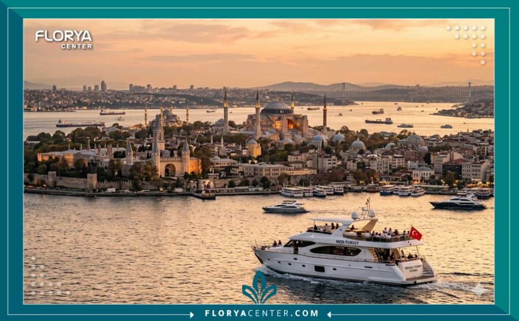 إطلالة بانورامية ساحرة على مضيق البوسفور ومعالم اسطنبول التاريخية، تبرز سحر السياحة العلاجية في تركيا.