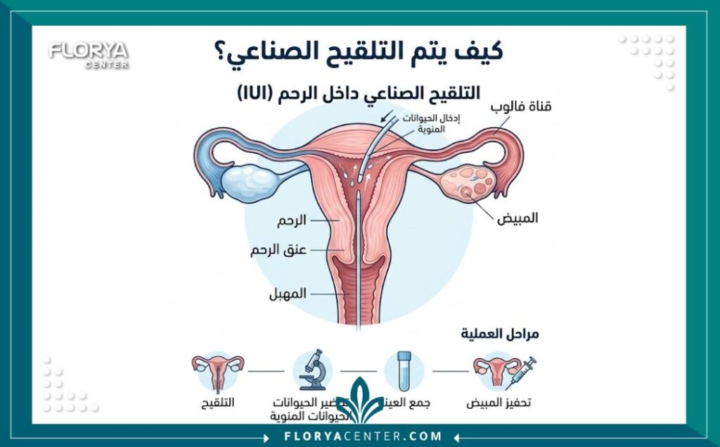 تكلفة التلقيح الصناعي تركيا 2 مخطط طبي توضيحي يشرح عملية التلقيح الصناعي داخل الرحم (IUI) مع تسميات تشريحية دقيقة باللغة العربية.