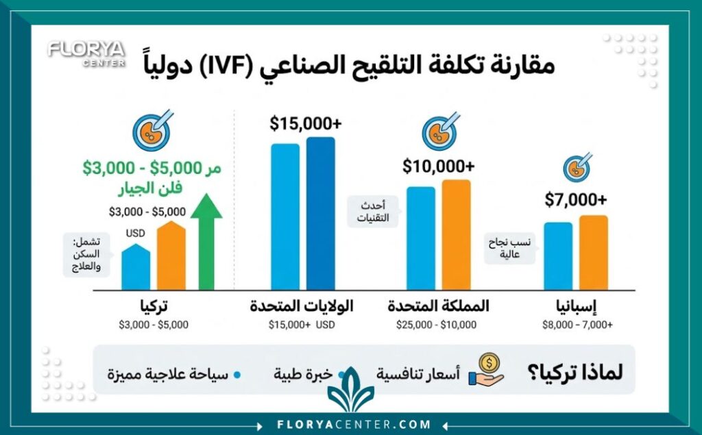 تكلفة التلقيح الصناعي تركيا 3 إنفوجرافيك يقارن تكلفة التلقيح الصناعي في تركيا مقابل الدول الأخرى، موضحًا الميزات التنافسية للأسعار التركية.