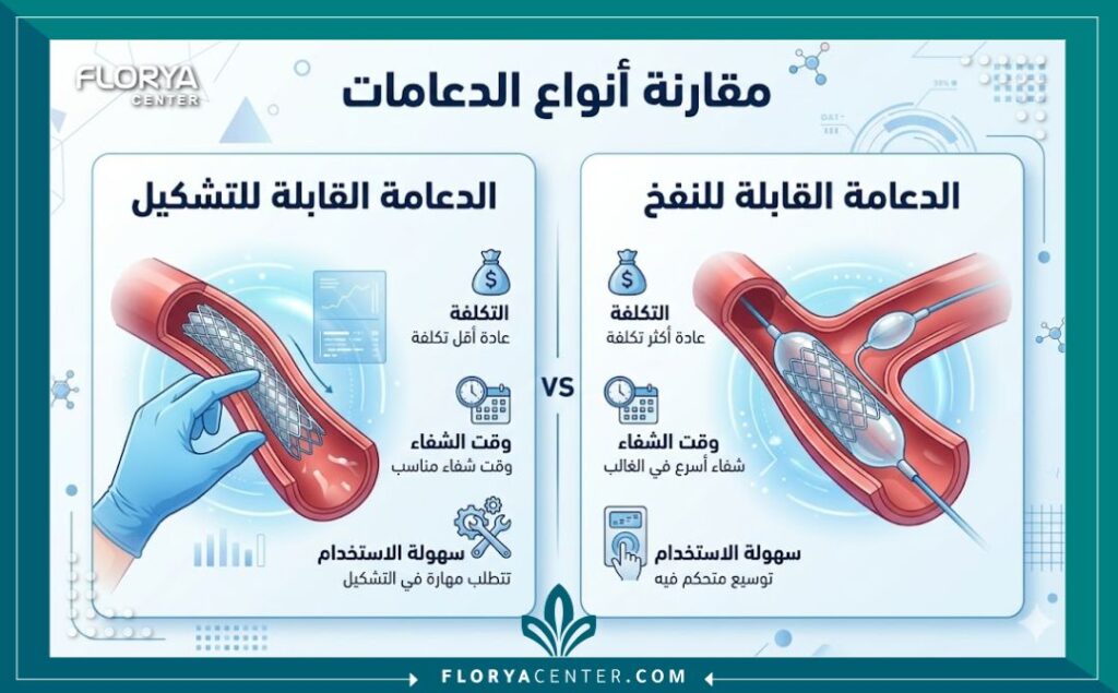 إنفوجرافيك يوضح الفرق بين الدعامة المرنة والدعامة الهيدروليكية من حيث التكلفة والمميزات.