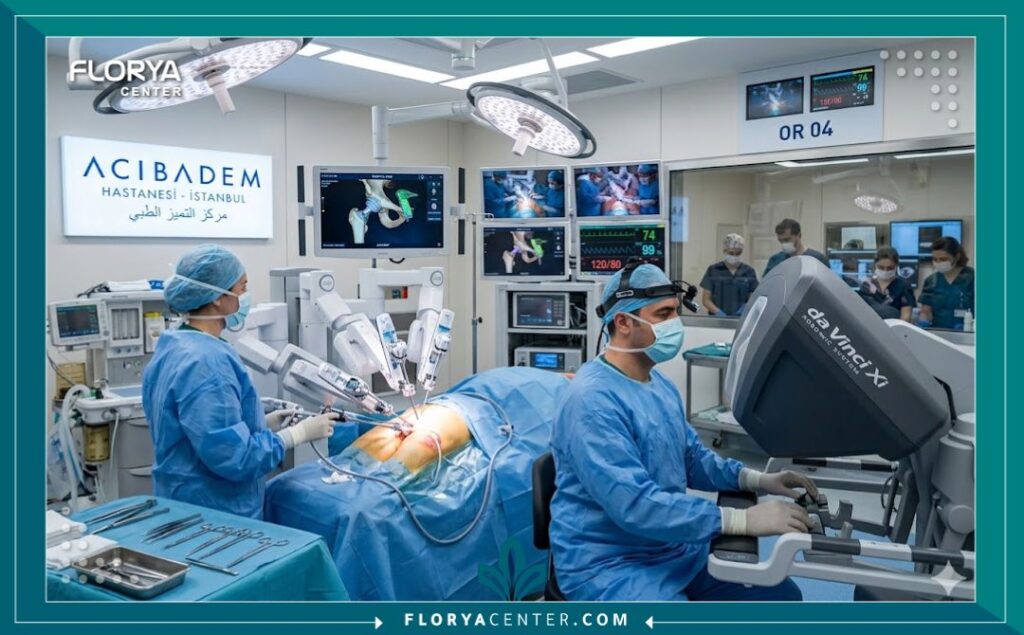 صورة واقعية من داخل غرفة عمليات حديثة في مستشفى تركي، تظهر فريقًا جراحيًا يجري عملية باستخدام أحدث التقنيات والمعدات الطبية لعلاج الدعامة.
