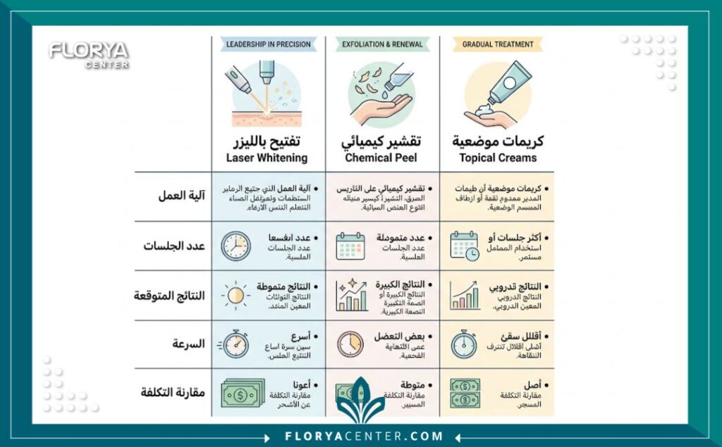 إنفوجرافيك يوضح مقارنة بين طرق وتكلفة تفتيح المناطق الحساسة المختلفة وفعالية كل منها.