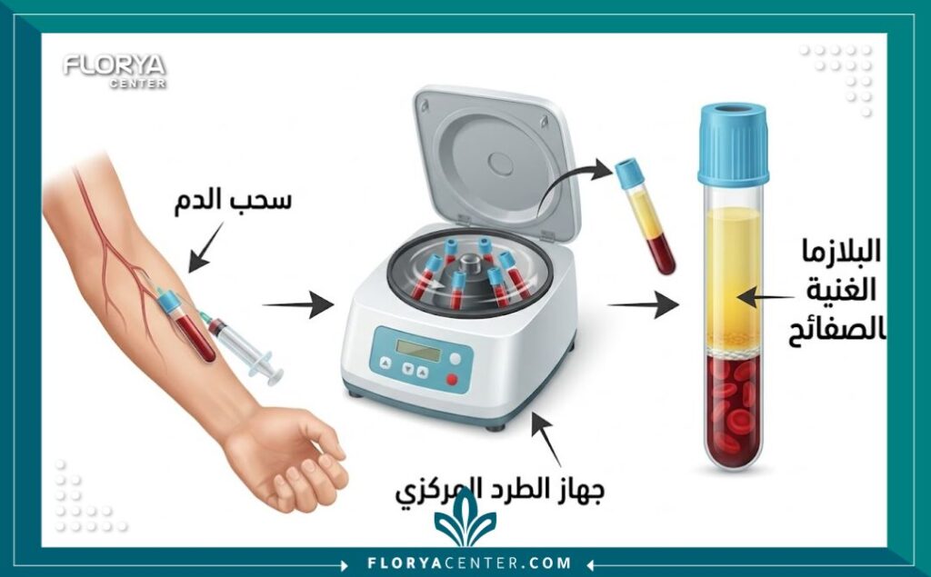 مخطط توضيحي لخطوات تحضير حقن البلازما (PRP) للأغراض الطبية والتجميلية النسائية.
