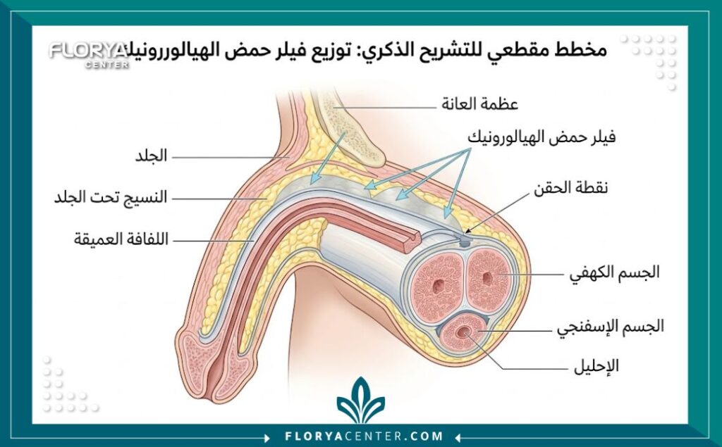 رسم تخطيطي طبي يوضح عملية حقن الفيلر وتوزيعه في أنسجة الذكر.