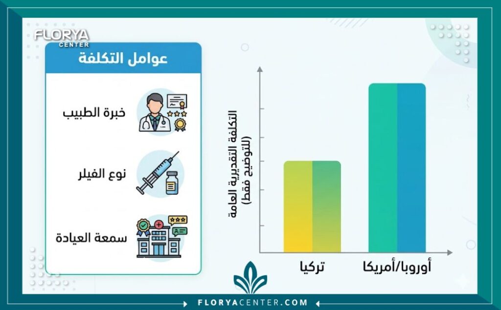 انفوجرافيك يقارن عوامل وتكلفة حقن الفيلر للذكر في تركيا مقارنة بالدول الأخرى.