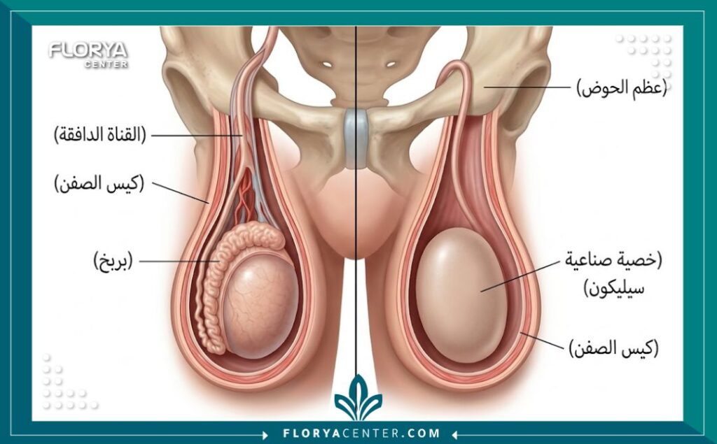 تكلفة خصية صناعية سيليكون في تركيا 2 رسم توضيحي طبي ثلاثي الأبعاد مقطعي يوضح مكان وضع الخصية الصناعية السيليكون داخل كيس الصفن في تشريح الذكر.