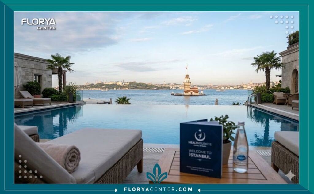 تكلفة خصية صناعية سيليكون في تركيا 6 مشهد بانورامي هادئ لبرج الفتاة في اسطنبول من منتجع استشفاء فاخر، يمثل تجربة السياحة العلاجية المريحة في تركيا لعمليات زرع الخصية.