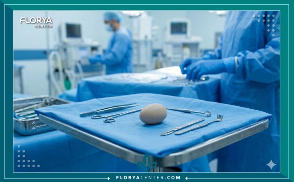 تكلفة خصية صناعية سيليكون في تركيا 4 لقطة مقربة لخصية سيليكون صناعية معقمة على طاولة أدوات جراحية داخل غرفة عمليات حديثة في مستشفى بتركيا قبل إجراء العملية.