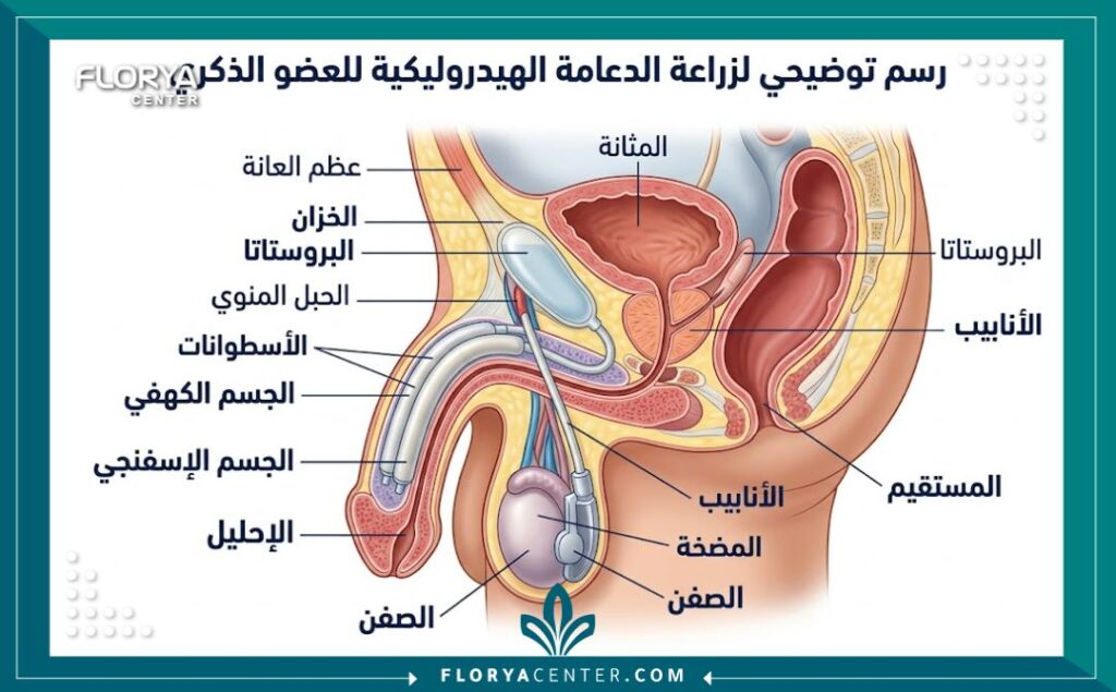 رسم توضيحي طبي يوضح كيفية تركيب دعامة الانتصاب داخل الجسم الكهفي.