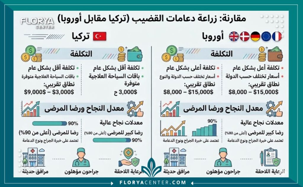 إنفوجرافيك يقارن بين أسعار دعامات الانتصاب في تركيا والدول الأوروبية ونسبة النجاح.