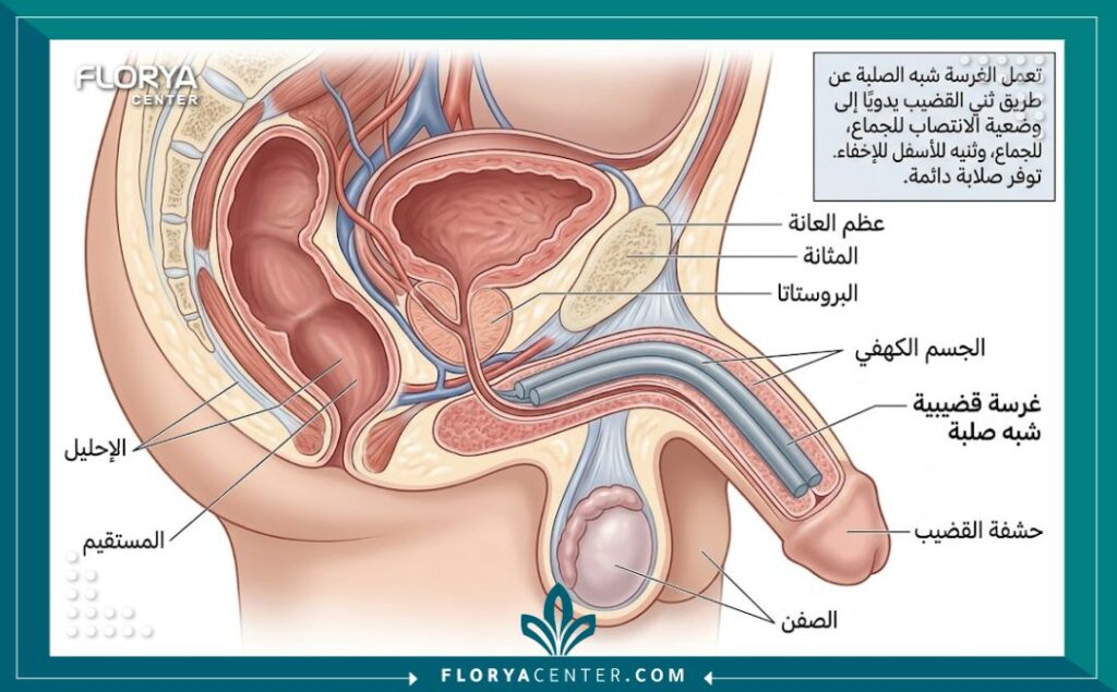 رسم تخطيطي طبي يوضح كيفية زراعة دعامة القضيب الصلبة داخل الجسم الكهفي، مع تسميات توضيحية باللغة العربية.