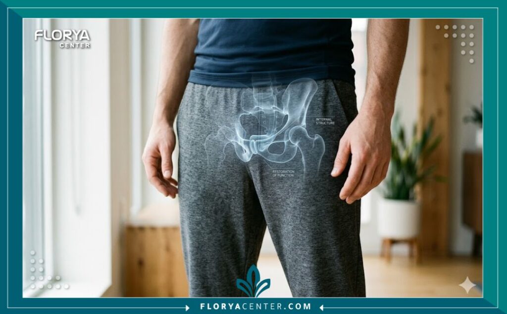 لقطة جمالية تركز على ثقة رجل بعد نجاح جراحة زراعة دعامة القضيب الصلبة في تركيا، مع توضيح جرافي بسيط لمكان الدعامة.