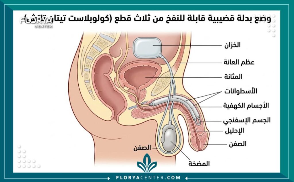 رسم توضيحي طبي (دياجرام) يُظهر تشريح ومكونات دعامة كولوبلاست الهيدروليكية داخل الجسم باللغة العربية.