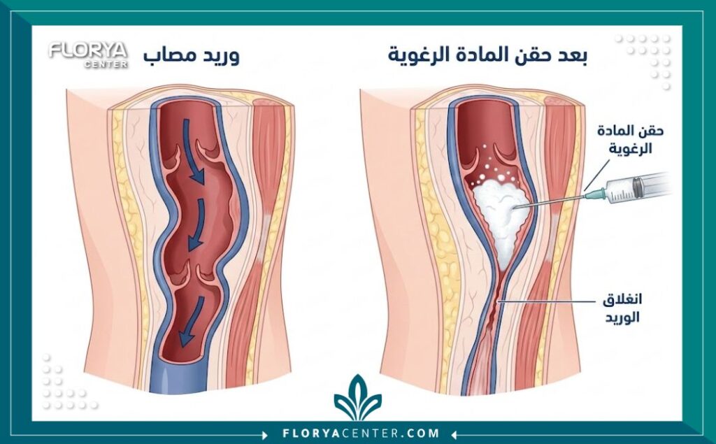 مخطط طبي توضيحي يشرح كيفية عمل حقن الدوالي وتأثير المادة المحقونة على الوريد المصاب.