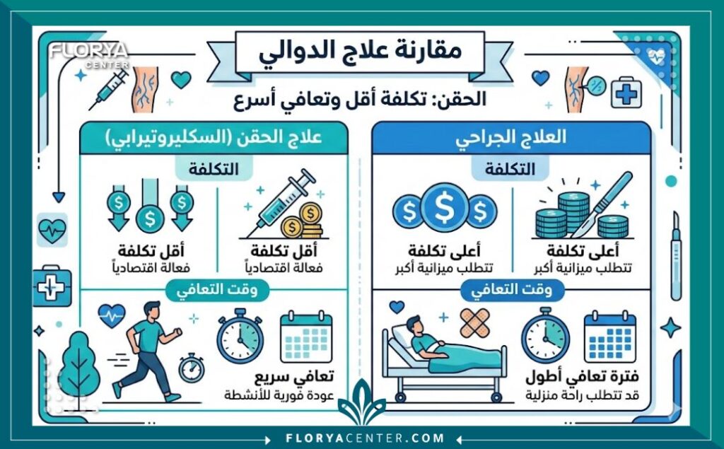 إنفوجرافيك يوضح مقارنة بين تكلفة علاج الدوالي بالحقن والجراحة التقليدية من حيث السعر وفترة النقاهة.