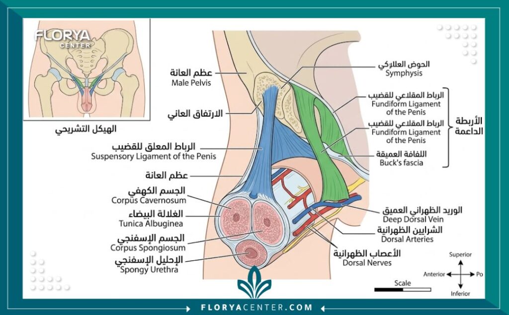 رسم توضيحي تشريحي يشرح كيفية إجراء عملية إبراز القضيب عبر تحرير الأربطة.