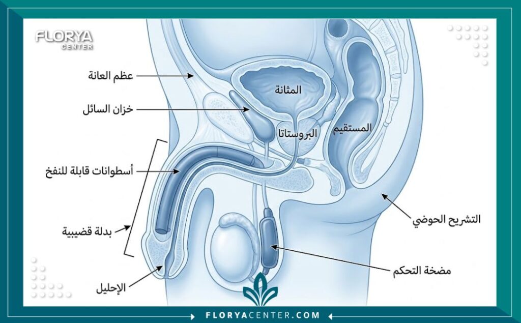رسم تخطيطي طبي يوضح كيفية تركيب دعامة الانتصاب لكبار السن داخل الجسم بدقة.