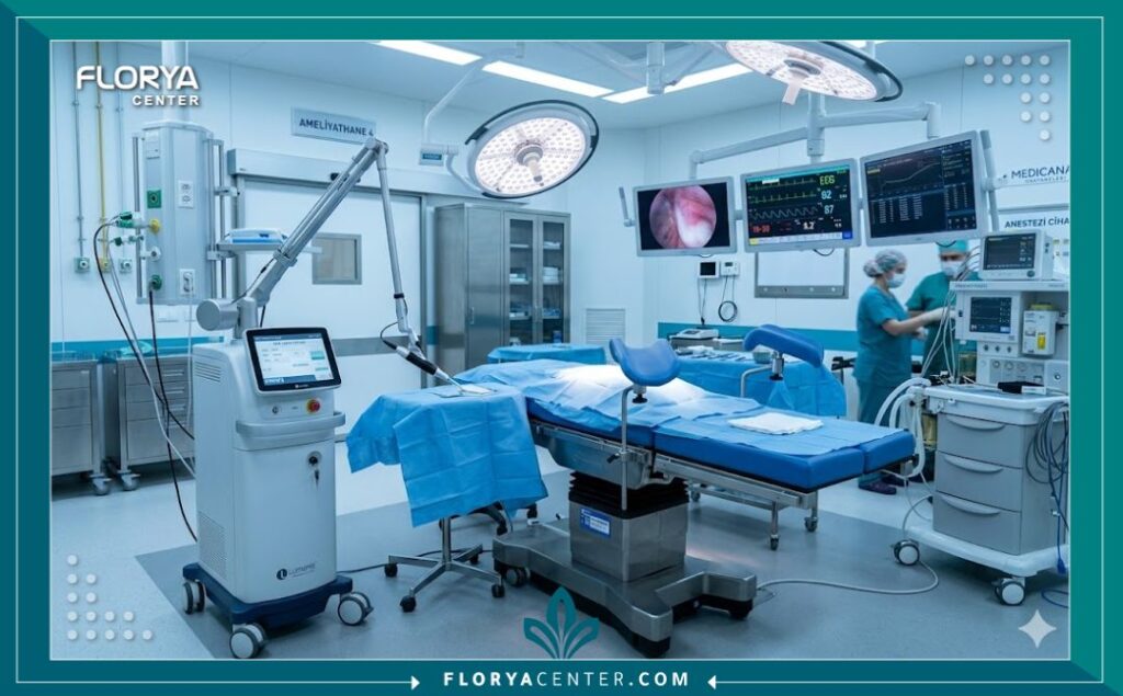 غرفة عمليات حديثة مجهزة بأحدث تقنيات الليزر لتجميل الشفرات في تركيا.