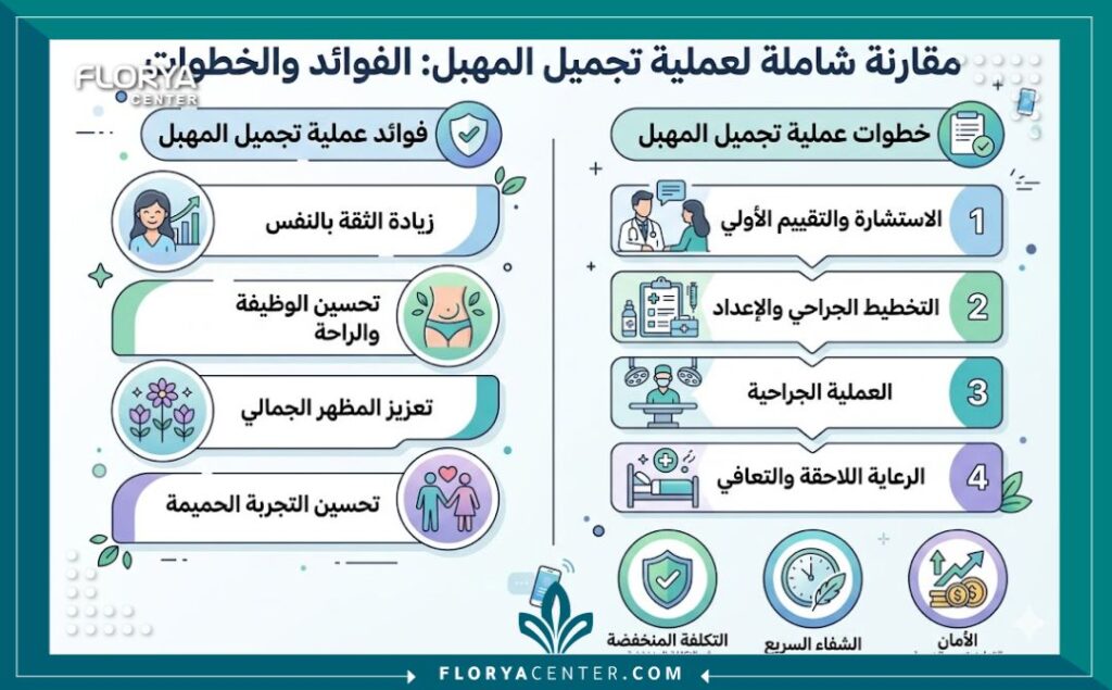إنفوجرافيك يوضح مميزات ومراحل عملية تضييق المهبل في المراكز الطبية التركية وتكلفة عملية تضييق المهبل في تركيا.