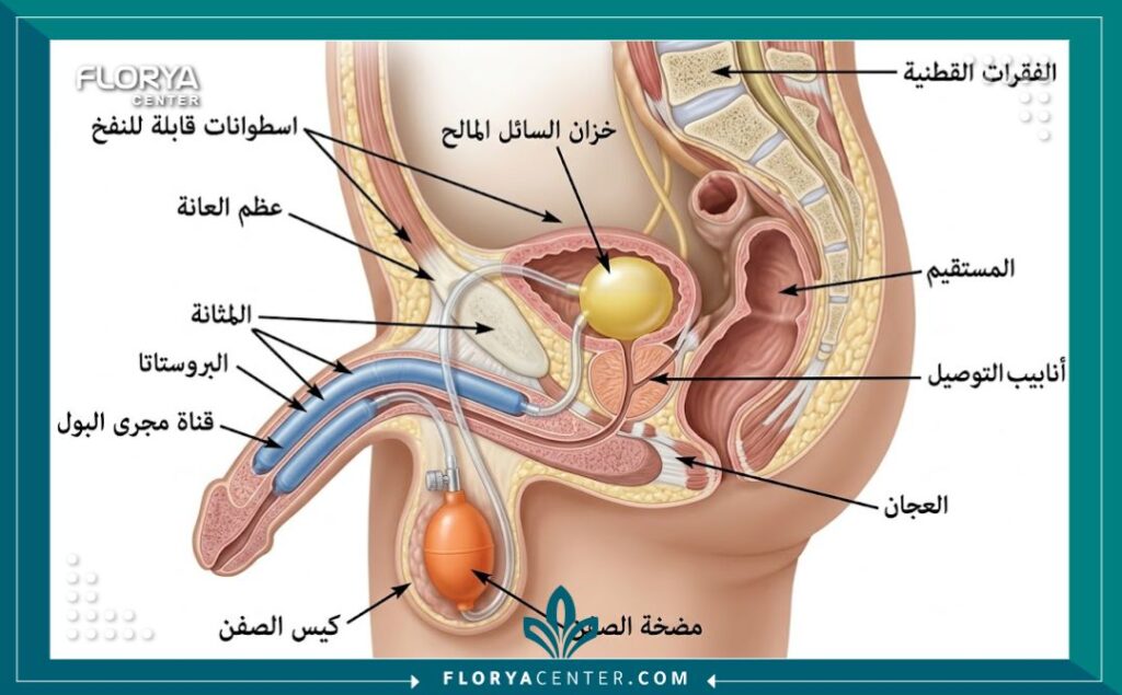 رسم تخطيطي طبي يوضح أجزاء الدعامة الهيدروليكية القابلة للنفخ وكيفية تركيبها.