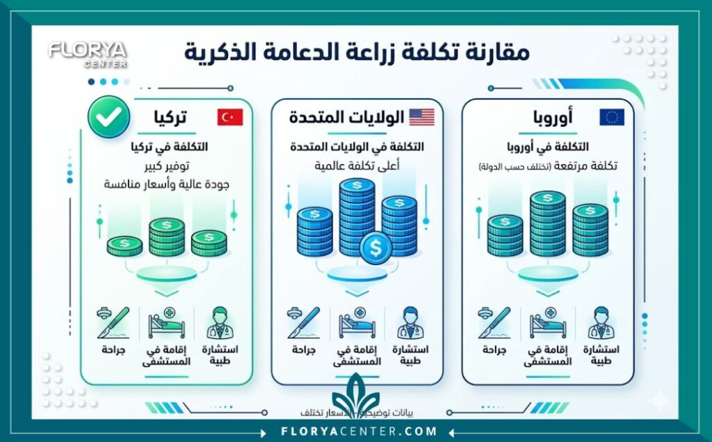 إنفوجرافيك يقارن بين تكلفة عملية زرع الدعامة في تركيا والدول الغربية.