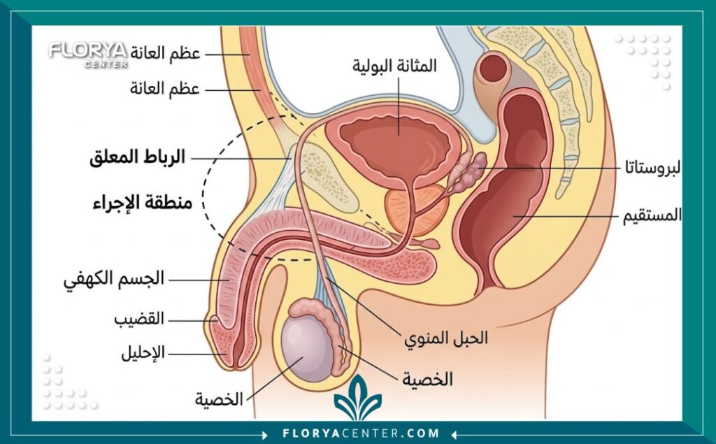 مخطط تشريحي طبي يوضح تقنية تحرير الرباط المعلق في عملية إطالة العضو ذكري.