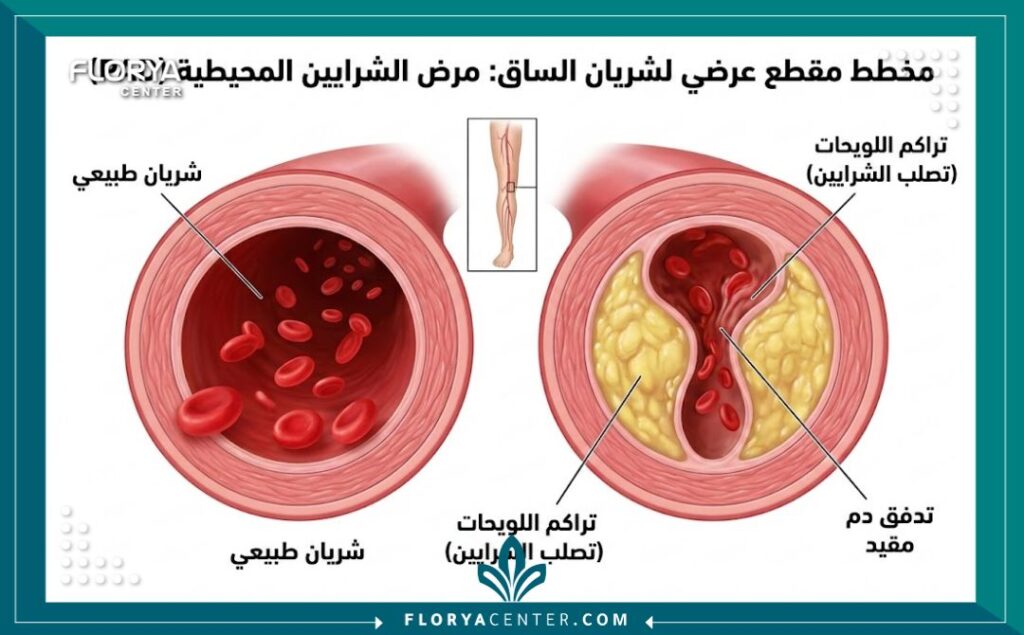 رسم تخطيطي طبي يوضح تصلب الشرايين وضيق تدفق الدم في الأطراف السفلية، يوضح الحاجة لجراحة الأوعية الدموية الطرفية.