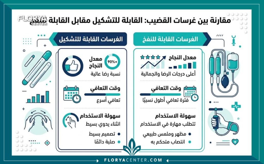 جراحة الدعامات الذكرية في تركيا 2 إنفوجرافيك يقارن بين أنواع الدعامات الذكرية المرنة والهيدروليكية ومميزات كل نوع.